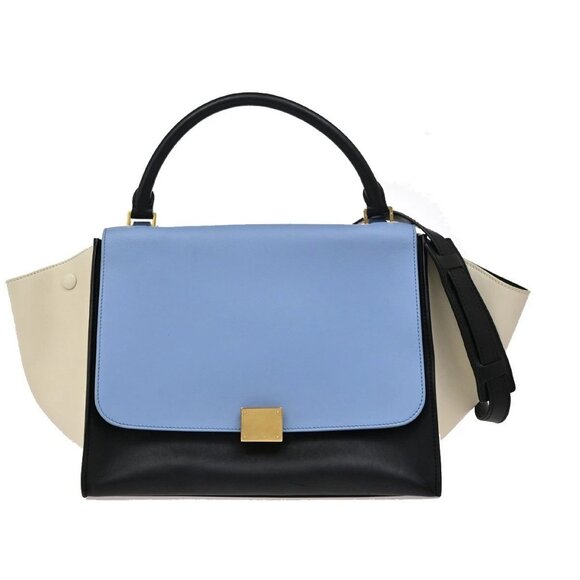 Celine Handbags - CELINE Logo Trapeze 2way Shoulder Hand Bag Leather Blue Black White 77EF941